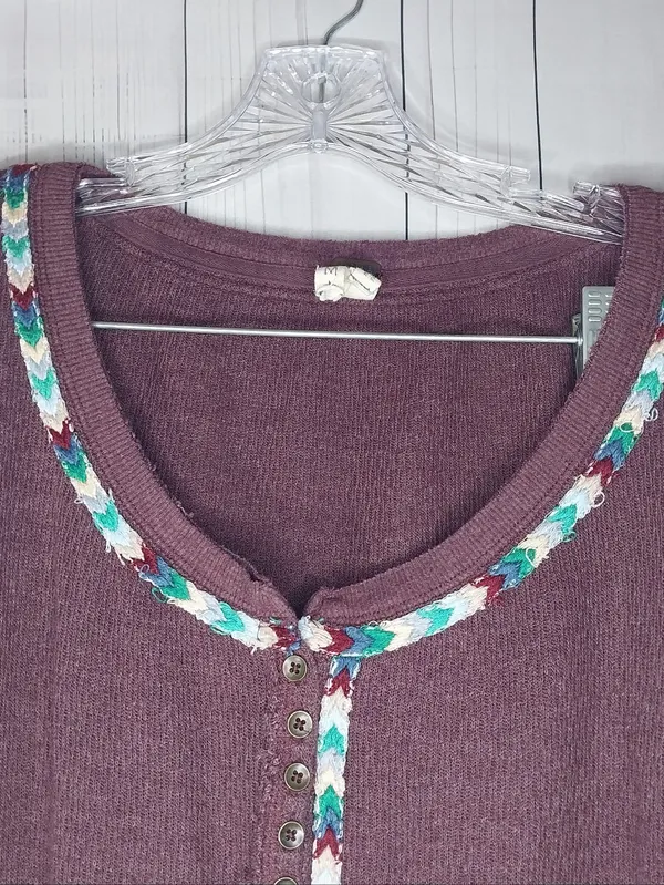 We The Free Plum Henley Boho Hippie Indie Earthcore Waffle Knit Long Sleeve Top - Image 4