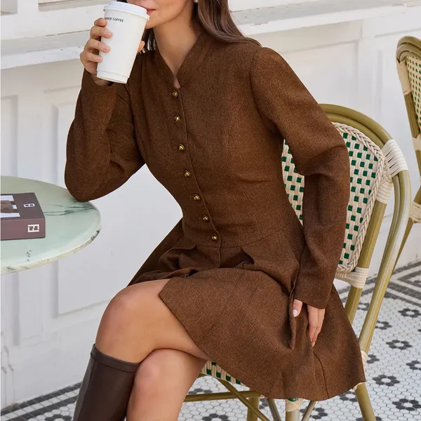 Rihoas Brown Ruched Button A-Line Mini Dress - Image 3