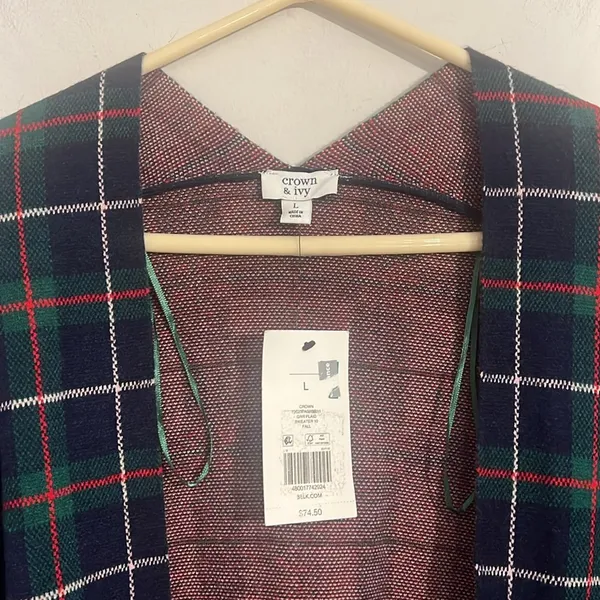 Crown & Ivy Plaid Open Cardigan NWT Size Lg - Image 3