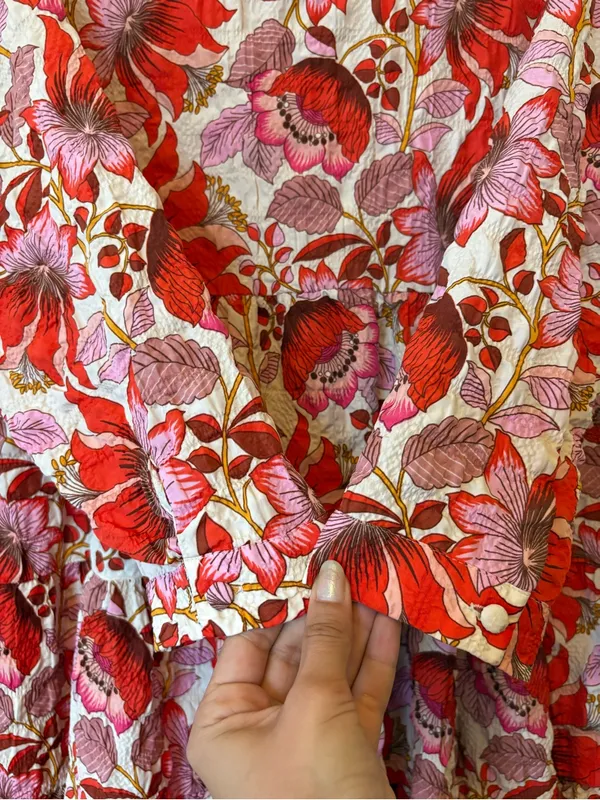 ZARA Sharon Crinkled Textured Floral Print Tiered Mini Dress Red/Pink Sz Large - Image 8