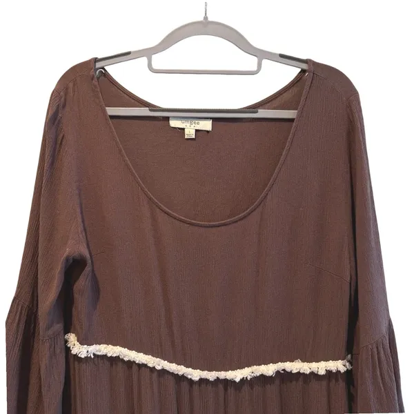 Umgee Babydoll Mini Dress Brown Boho Fringe Tiered Bell‎ Sleeve Women Size L - Image 2