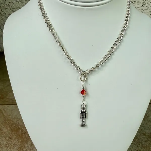 Handmade Antique Silver Toy Soldier Nutcracker with Red Crystal Chain Necklace - Image 2