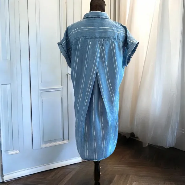 Oso Casuals‎ dress Short sleeve M Blue White Striped Button Front Pleated Back - Image 3