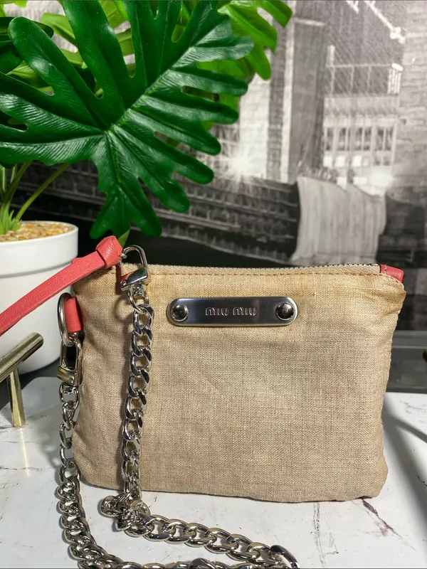 Authentic Miu Miu Beige Linen Pouch with Coral Trim - Image 4