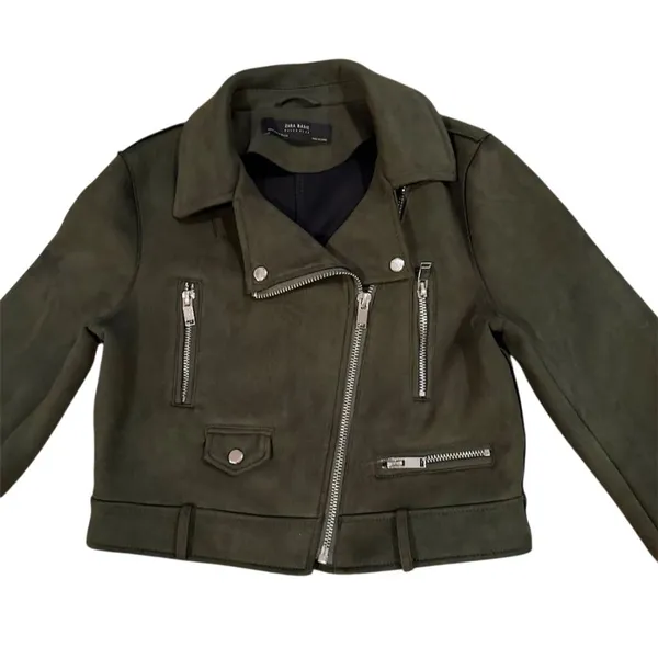 Zara Women's Olive Green Faux Suede Biker Jacket Size M - Image 2