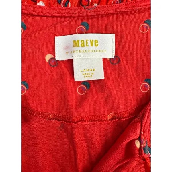 Maeve Anthropologie Red Geometric Print Ruffle Tie Neck Balloon‎ Sleeve Blouse L - Image 5