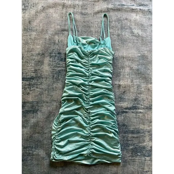 Lucy In The Sky Aquamarine Blue Shimmer Ruched Bodycon Dress Small - Image 5