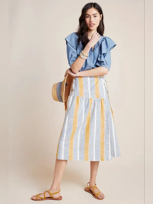 NWT Anthropologie Maeve Laura in Yellow Striped A-line Wrap Skirt 0 $110 - Image 2