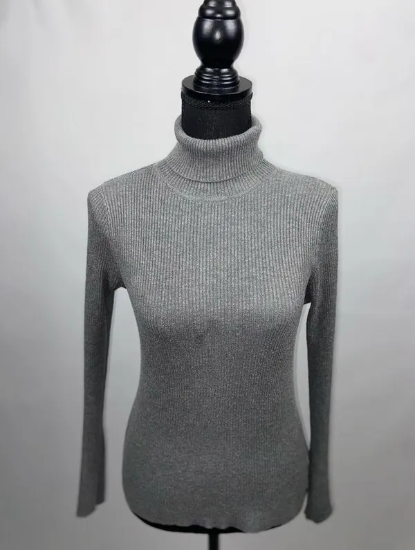 Turtleneck Sweater Grey Rib Knit Large Ambiance Apparel Stretch Top - Image 3