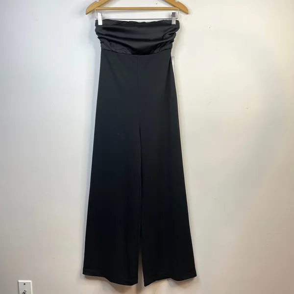 Express black pieced satin strapless bow tie back wide leg jumpsuit XS new nwt - Image 2