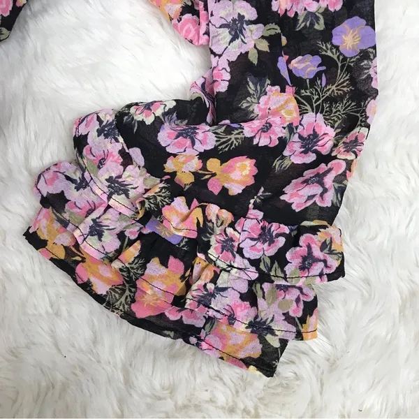FREE‎ PEOPLE Maybel Sheer Floral Tie Front Peplum Top Crop Black Pink Small New - Image 9