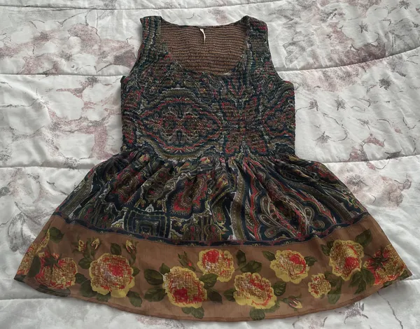 Free People Brown Floral Smocked Fit & Flare Lined Blouse, size XS - Image 10