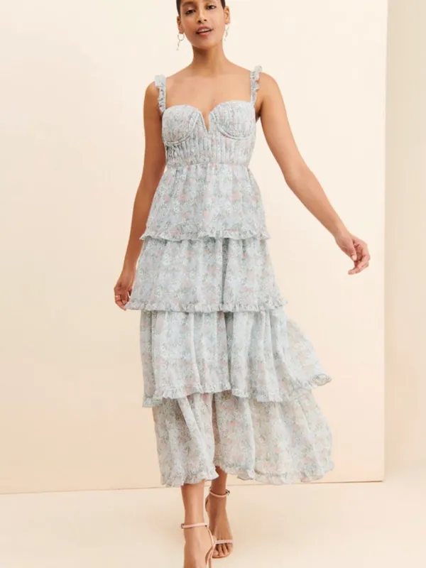 Anthropolgie ASTR The Label Blue Pink Floral Flutter Strap Ruffle Maxi Dress Med - Image 12