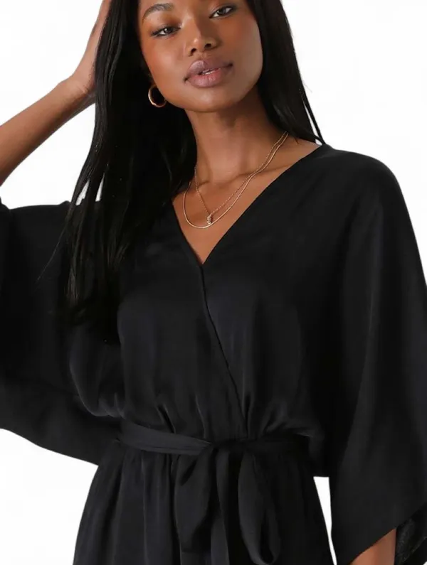 Lulus Pants Sz M V-Neck Romper with Waist Tie Wrap Front Dolman Sleeves Sexy - Image 3