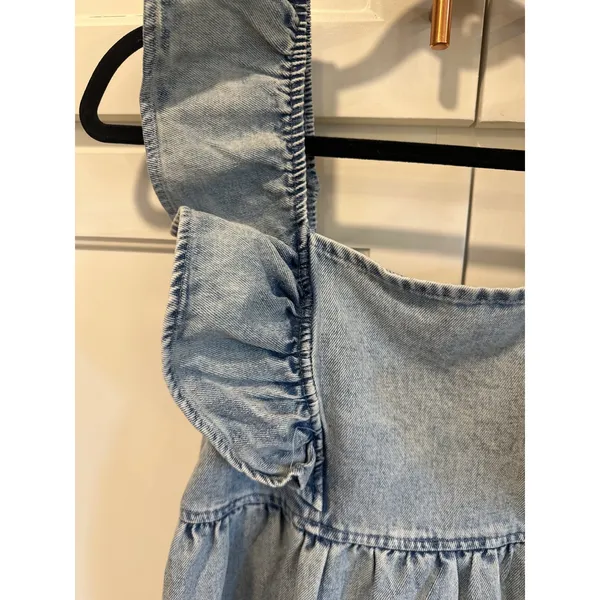 Gilli Denim boho fairy Ruffle Square Neck Smocked Babydoll Dress Blue Size S New - Image 2
