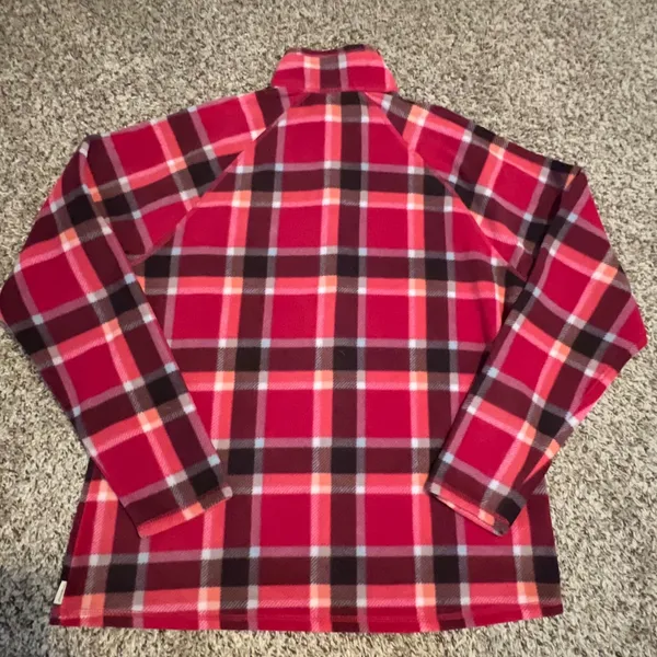Eddie‎ Bauer Womens Red Plaid Fleece Quarter Zip Pullover Mock Neck Large - Image 5