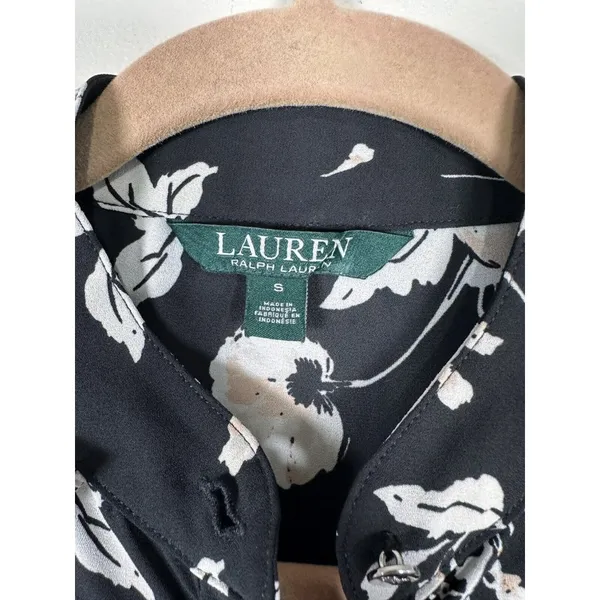 Lauren‎ Ralph Lauren Womens Small Shirt Floral Long Sleeve Ruffled Blouse Black - Image 5