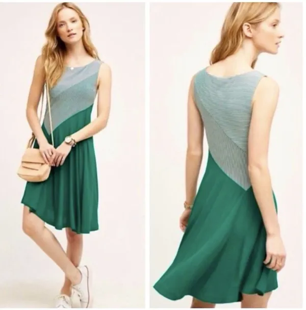 Anthropologie Maeve Cameron Striped Asymmetrical Green Dress Small Boho - Image 2