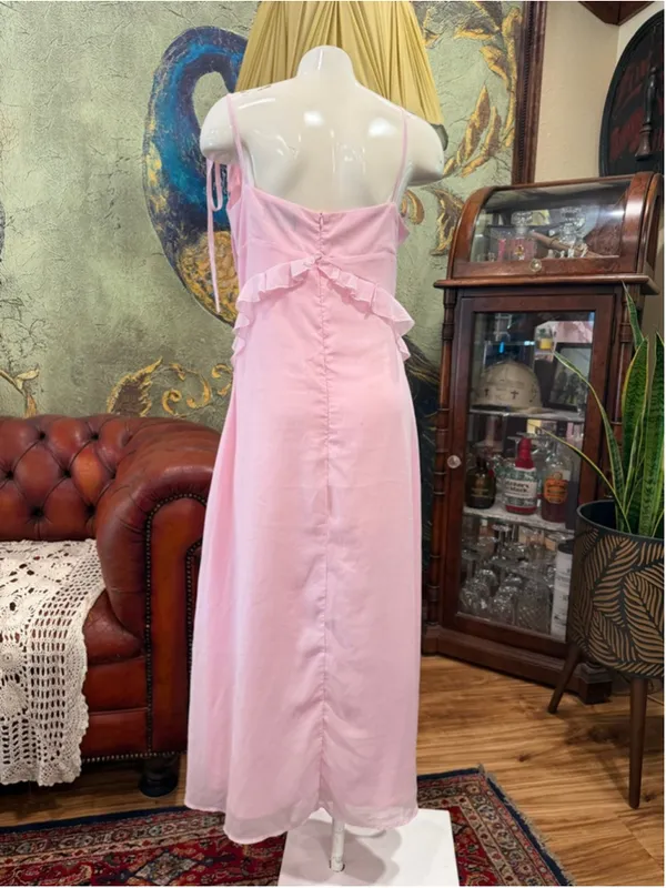 Cider Pink Ruffle Maxi Dress Chiffon Cottagecore Coquette Tie Shoulder Size XL - Image 5