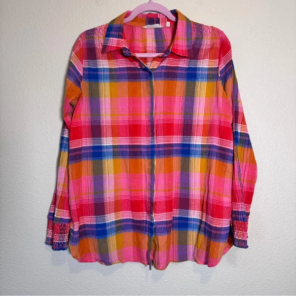 Soft Surroundings Pink Blue Plaid Button Down Shirt Womens L Casual Fall Flannel - Image 13