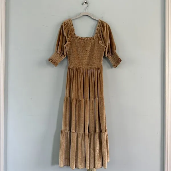 Baltic Born Vivaldi Smocked French Gold Velvet Puff Sleeve‎ Midi Dress - Image 3