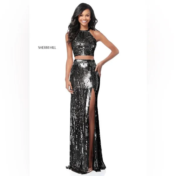 Sherri Hill Style 51662 High Slit Two Piece Sequin Dress Size 6 - Image 3