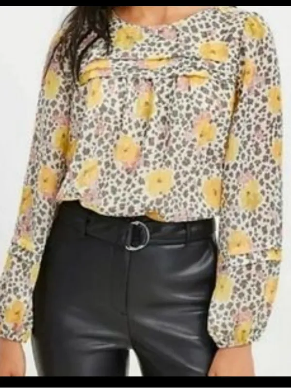 🌸Loft Chiffon Lined Floral Cheetah Pintuck Flowy Metallic Blouse Women's sz M - Image 3