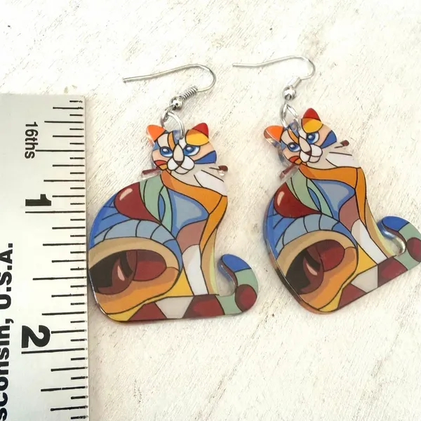 Colorful Stained Glass Style Cat Dangle Earrings - Image 7