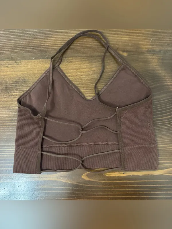 Shein brown ribbed V-neck strappy crop top - Image 2