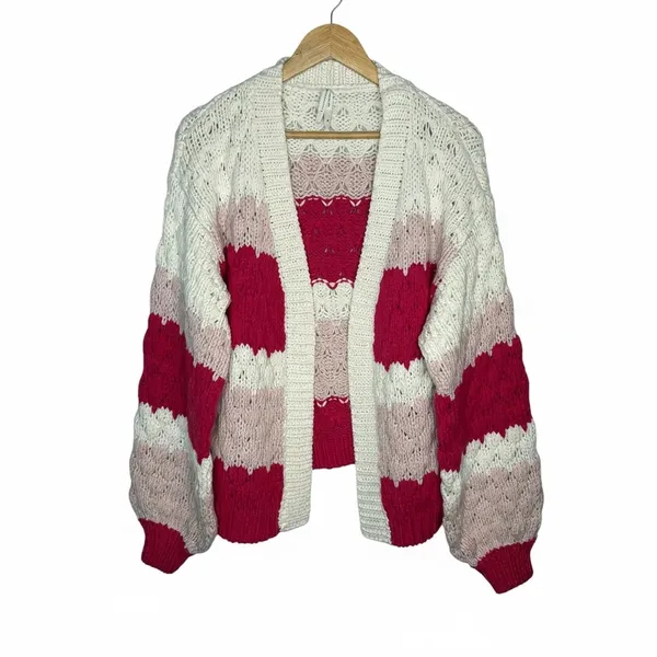 Dreamers by Debut Cardigan Sweater Womens‎ XL Pink White Striped Pointelle Knit - Image 11