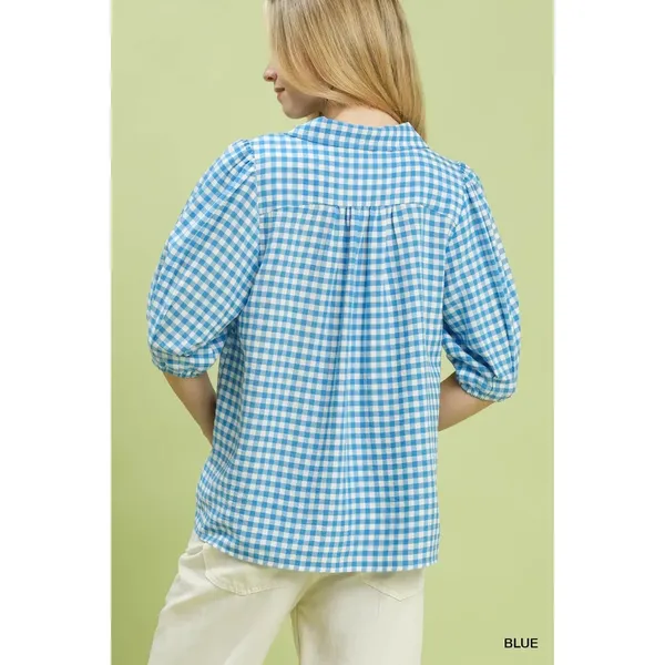 Umgee Gingham Puff Sleeve Collared Blouse - Blue -‎ Small - Image 3