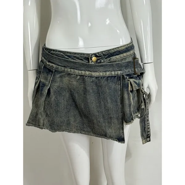 Vintage Y2K Women’s Denim Cargo Mini Skort Low Rise Belted Pockets 2000s Size M - Image 2