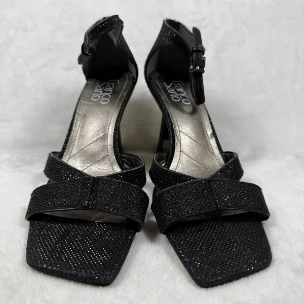 Franco‎ Sarto Womens Black Shimmer Square Toe Flare Heel Ankle Strap Sandals 8M - Image 5