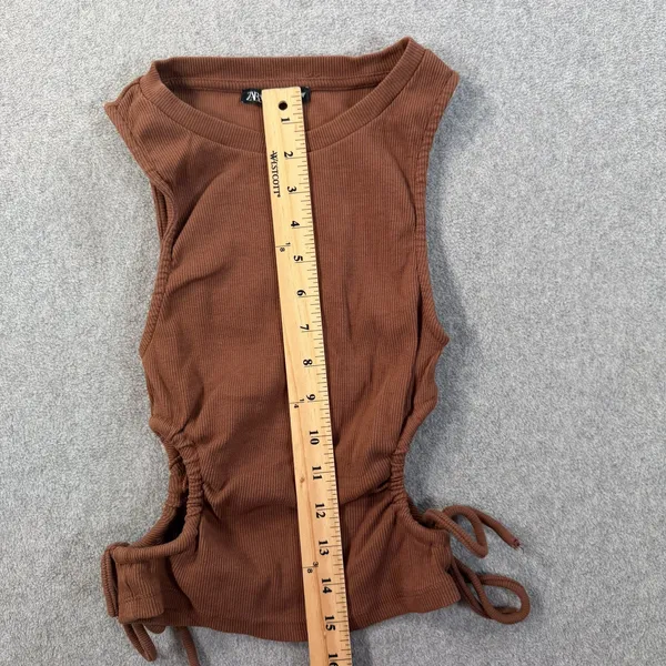 Zara Women's Small Ribbed Knit Tank Top Side Drawstring Ruched Size Brown - Image 4
