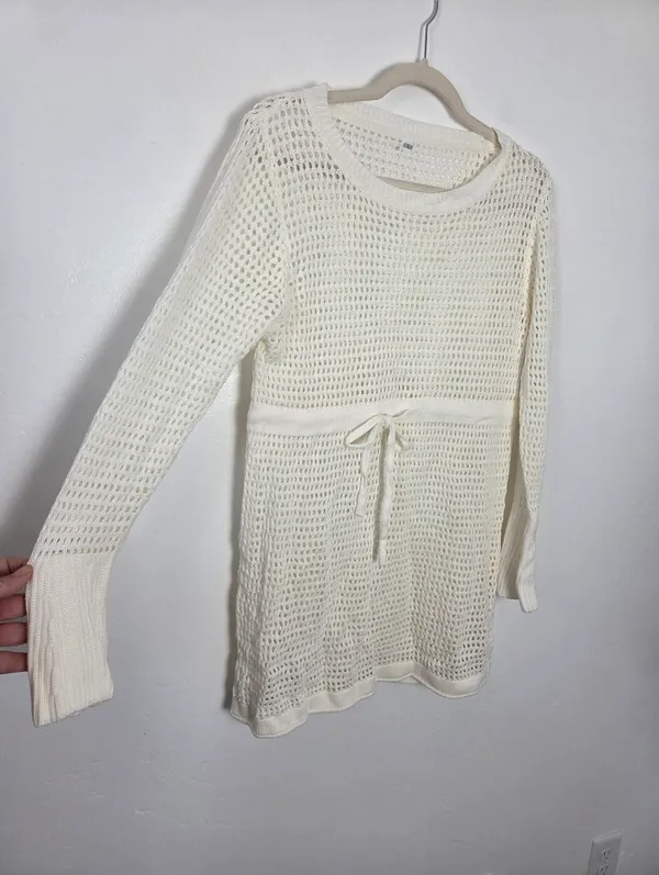 Ivory Cream Loose Knit Swim Cover Up Long Sleeve Sheer Cottagecore Beach Boho L - Image 6
