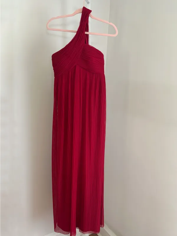 Calvin Klein Women’s Size 4 One-Shoulder Red Pleated Maxi Dress Flowy Mesh Gown - Image 2