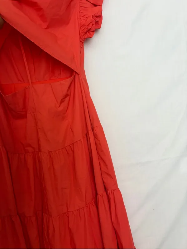 Entro Tiered Midi Dress Large Red Orange Ruffle Sleeve Back Cutout NWOT(A906) - Image 13