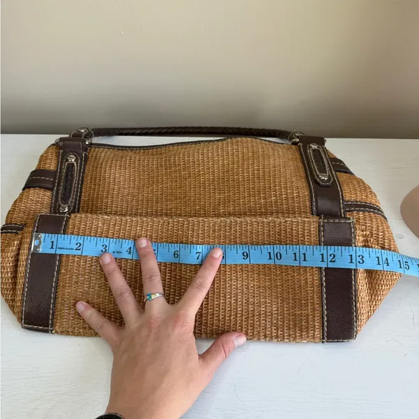 Vtg Fossil Raffia & Brown Leather Braided Handles Boho Spring Satchel - Image 12