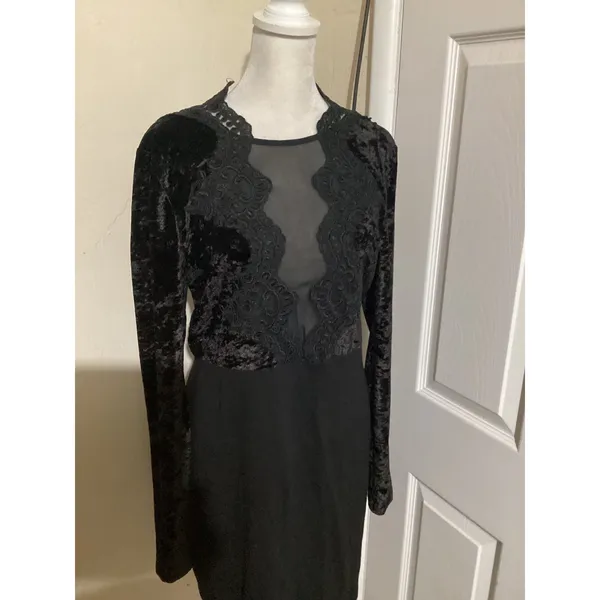 French Connection Black Velvet Lace Sheer Illusion Long Sleeve Dress Size 12 - Image 2