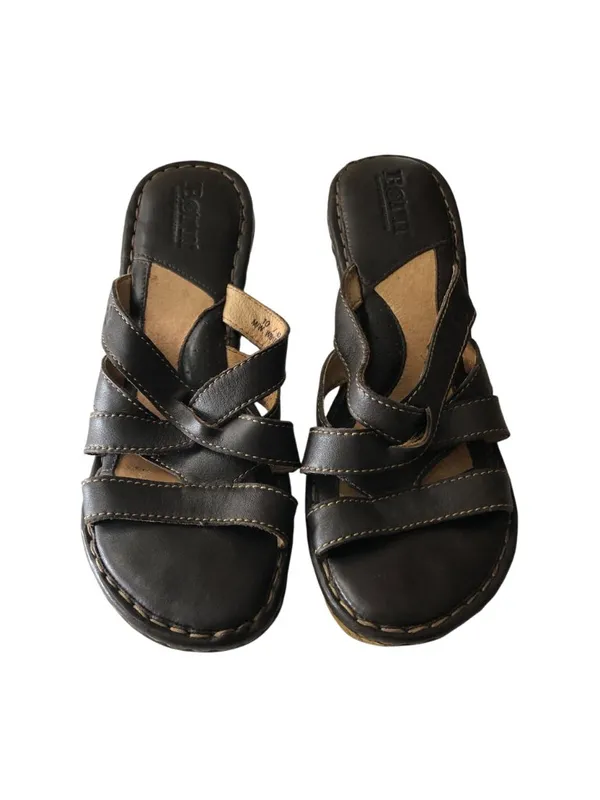 Born Women's Black Leather Sandals Wedge Crisscross Straps Open Toe 10 - Image 2