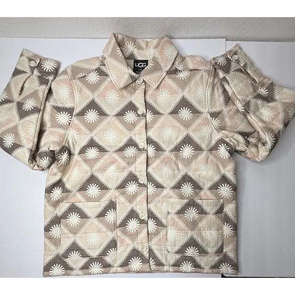 UGG Sun Shirt Jacket ButtonUp‎ Unisex Medium Pink Tan Cozy Chunky Oversized New - Image 13