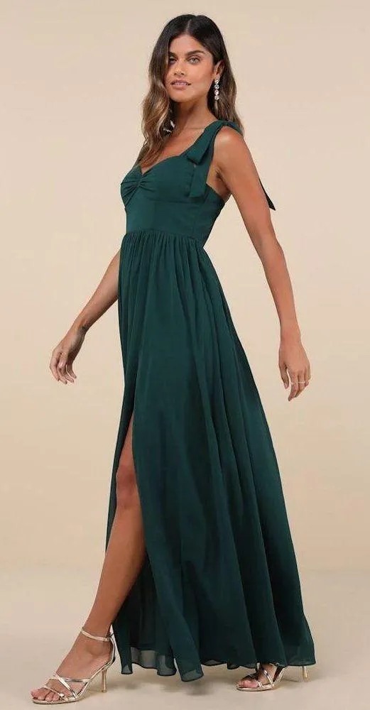 LULU’S Radiant Charisma Emerald Chiffon Ruched Tie Strap Maxi Dress - Image 3