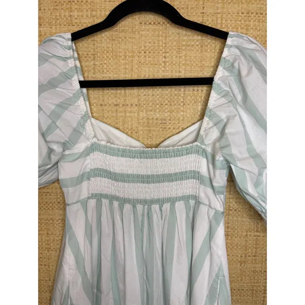 Abercrombie‎ & Fitch Blue White Striped Puff Sleeve Smocked Midi Dress Small - Image 5