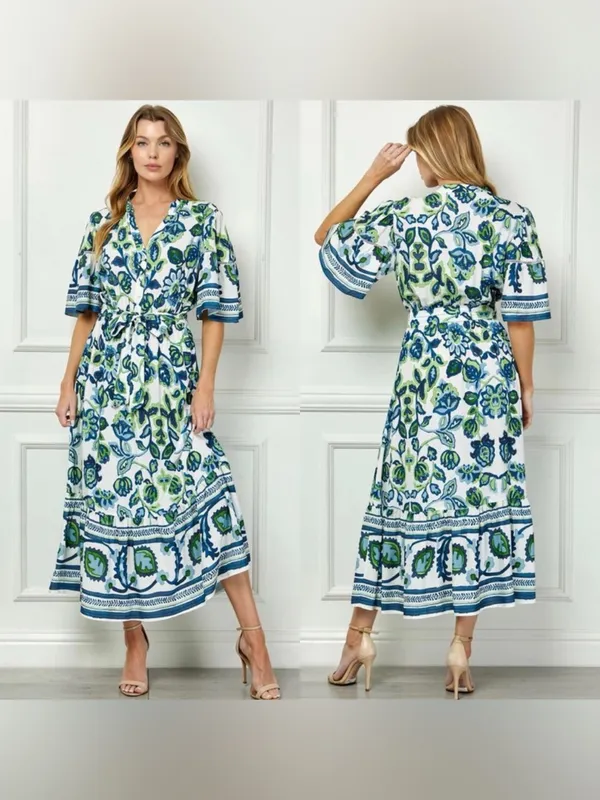 Fig + Flower Blue Green Floral Maxi Dress L - Image 2