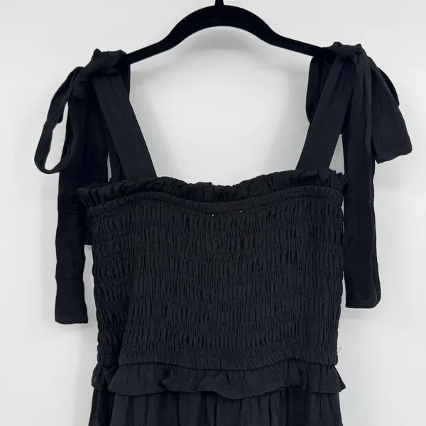 Love Tree Smocked Tie Strap Tiered Maxi Dress Black Boho Cottagecore Festival SM - Image 4