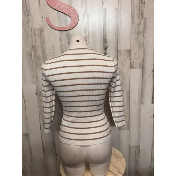 White & Brown Striped Henley Ribbed Knit Top – Small - Image 5