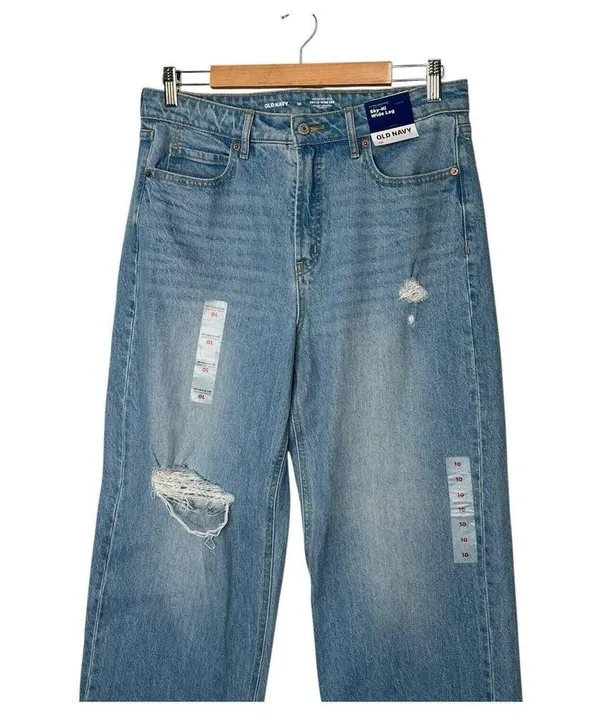 New Old Jeans Navy Womens 10 Extra High Rise Sky Hi Wide Leg Raw Hem Light Blue - Image 6
