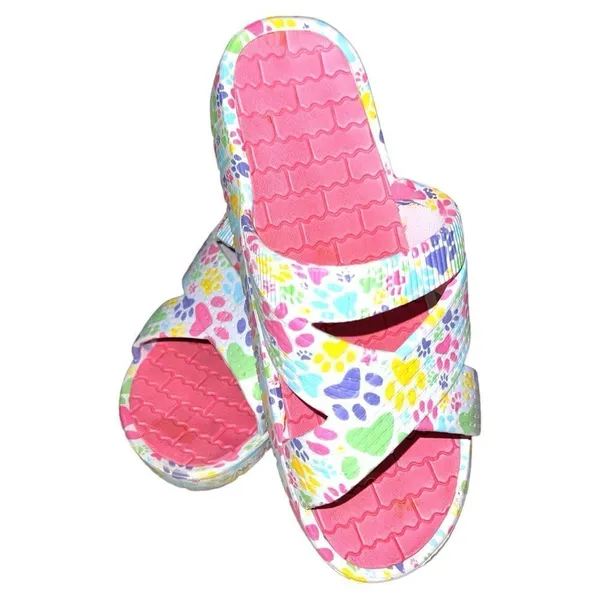 Unbranded white slip on sandals with colorful paw print design! - Image 2
