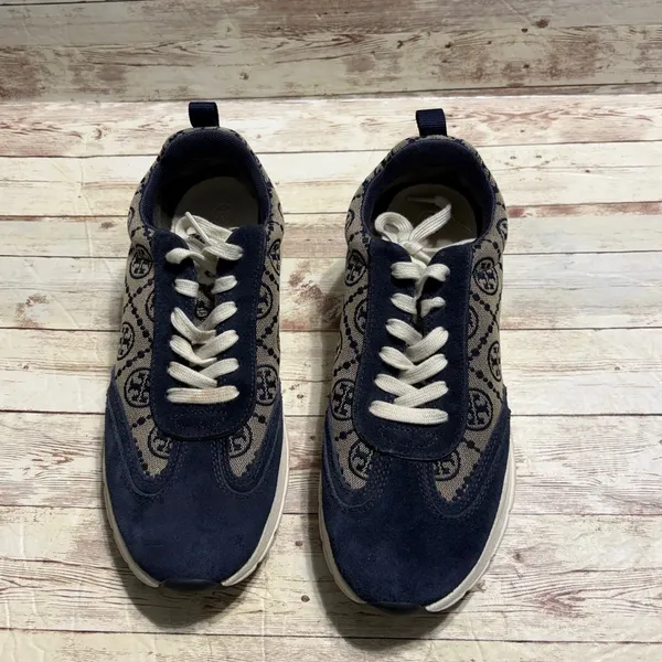 Tory Burch T Monogram Good Luck Trainer Sneakers Women's 9.5 Navy Gray Chunky - Image 3