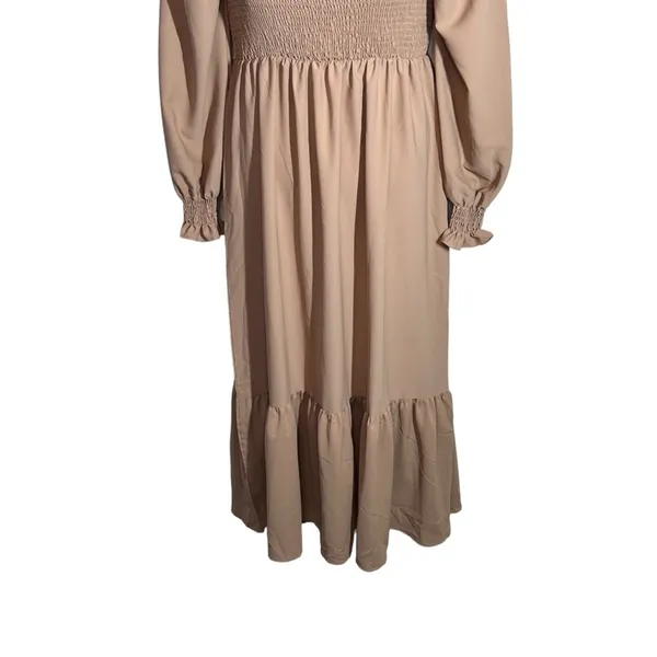Khaki Smocked Maxi Dress Large Boho Square Neck Ruffle Hem Festival - Image 8